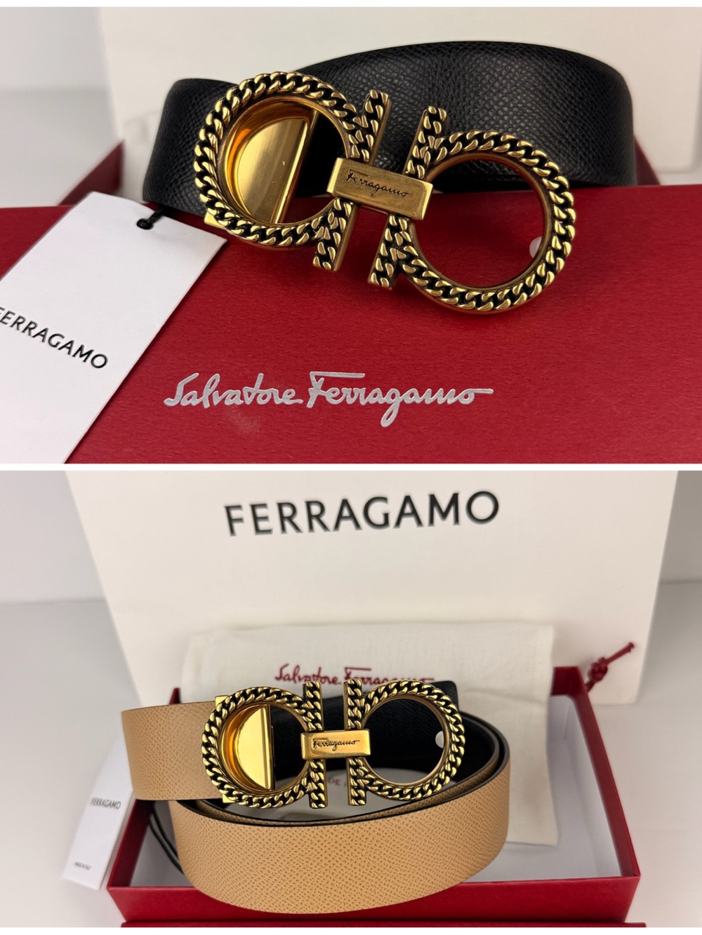 Ferragamo Gancini Reversible Belt 100 Black Camel Chain-Detail Buckle Cut-to-Fit